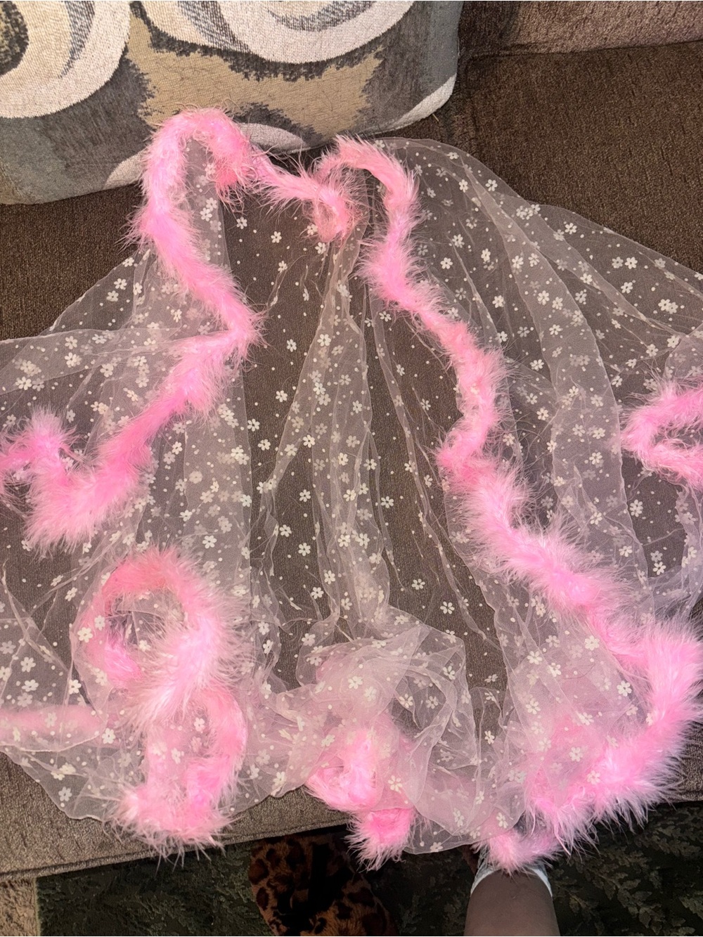 Pink Feather Trim Sheer Floral Robe
